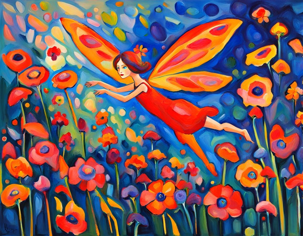 Fauvist Fairy in Flight Among Flowers