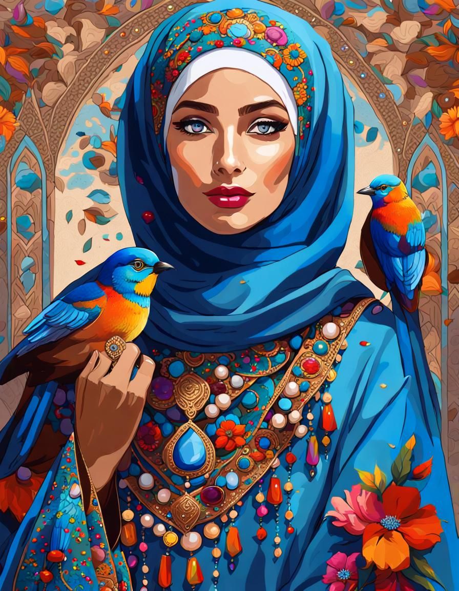 Striking Hijab Woman with Bird in Graffiti Art