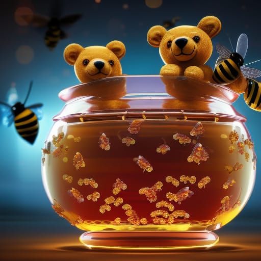 Teddy Bear Honeypot with Bees, 3D Digital Art