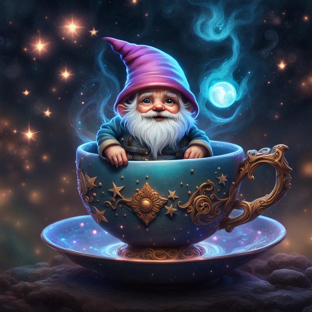 Gnome in Teacup with Neon Moon: Digital Illustration