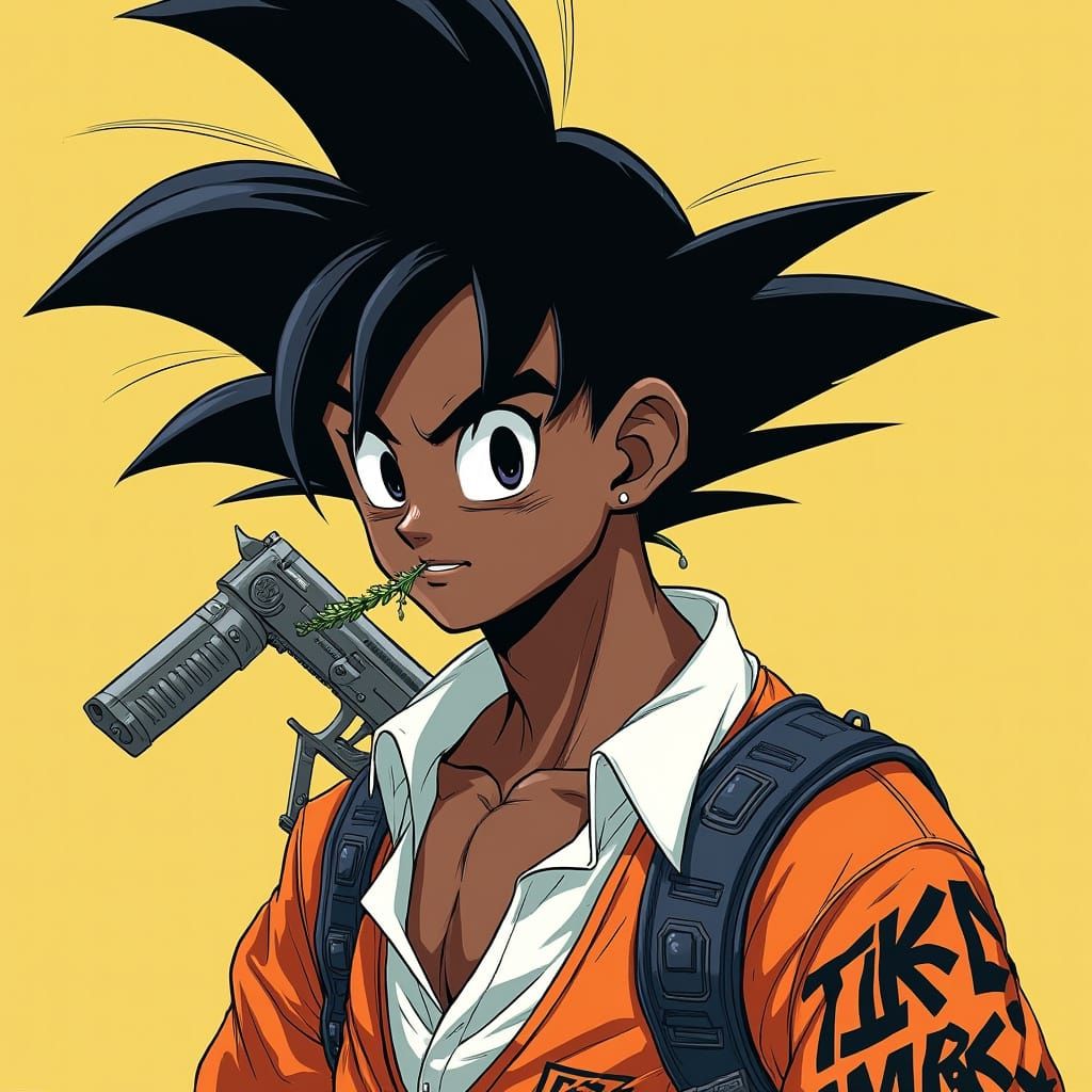 Goku in Streetwear-Inspired Afro-Futurist Portrait with Bold...