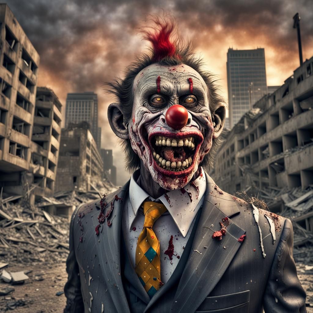 Hyperrealistic Zombie Monkey Clown in Ruined City