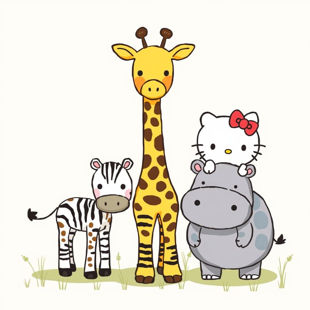 Giraffe, Zebra, and Hippo in Sanrio Hello Kitty Style