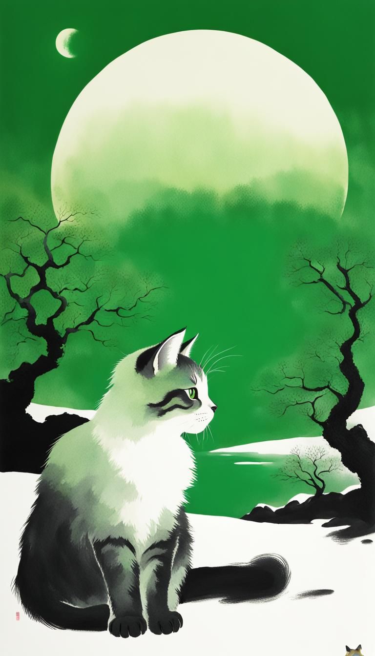 Minimalist Kitten Gazing at Moon in Ink Painting