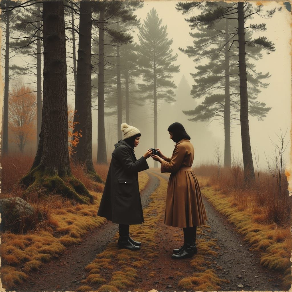 Couple Photographing Nature in Impressionistic Watercolor St...