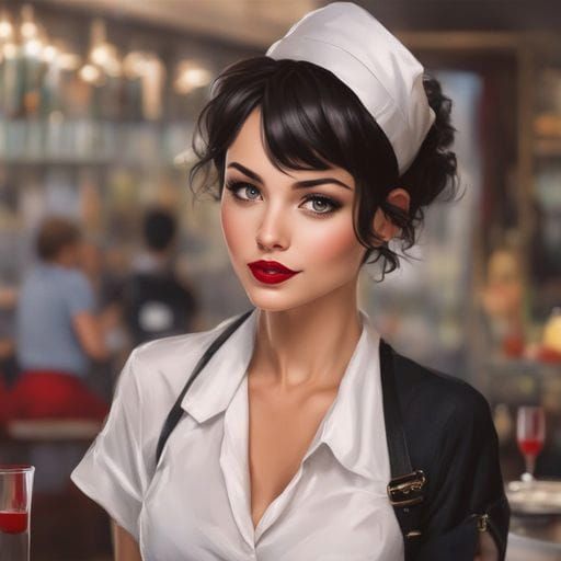 Beautiful Waitress with Red Lips in Royo Style