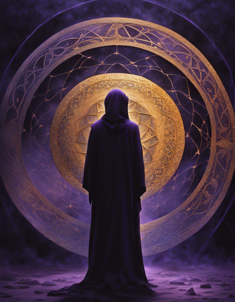 Mysterious Woman in Ritual Circle, Surreal Oil Painting