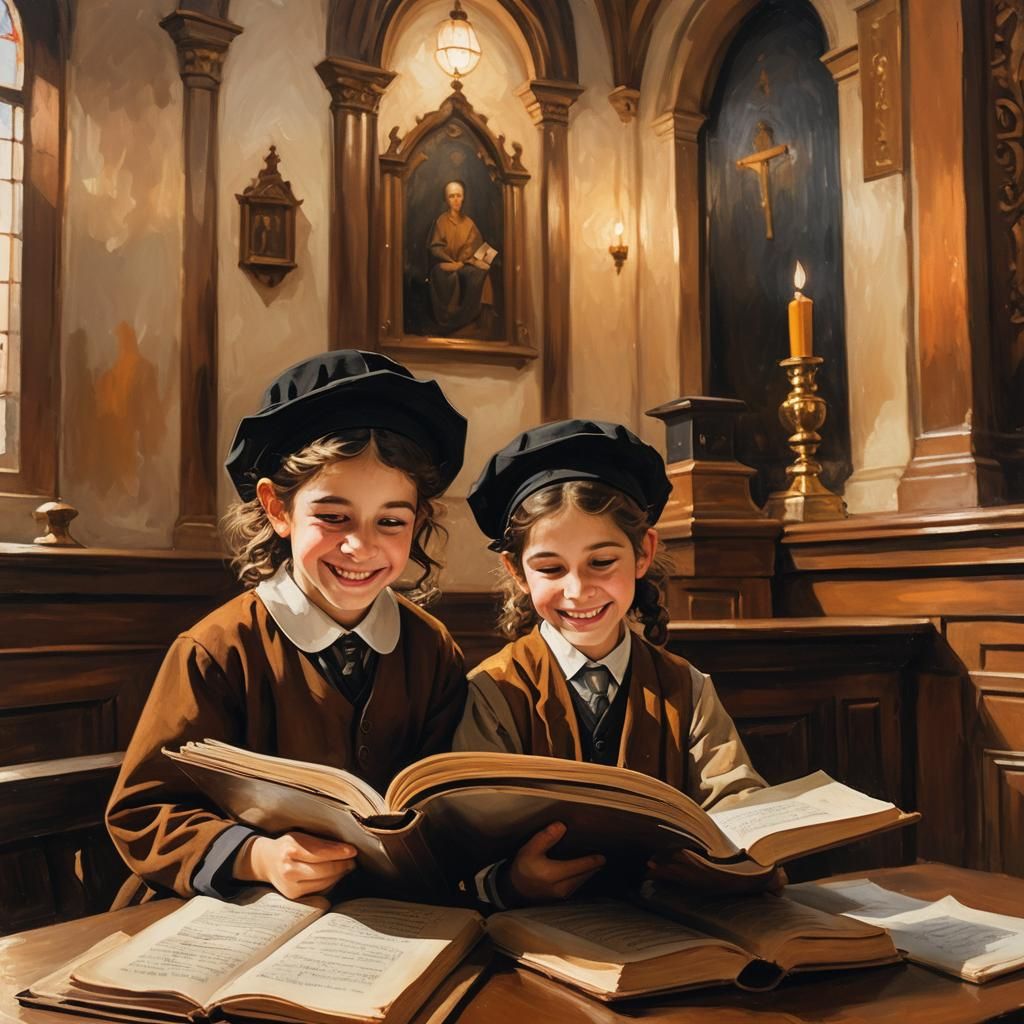 Children Reading in Synagogue: Oil Painting Style