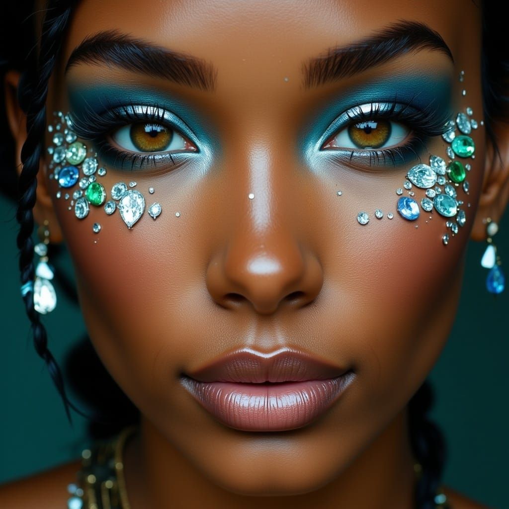 <lora:Essence of Oil:1.0> Stunning, tan-skinned beauty with piercing eyes and full, luscious lips, wearing an extravagan...