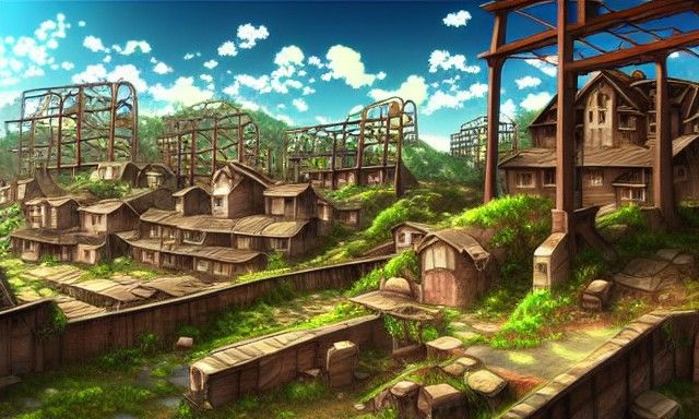 Abandoned Anime Mining Town in Overgrown Landscape