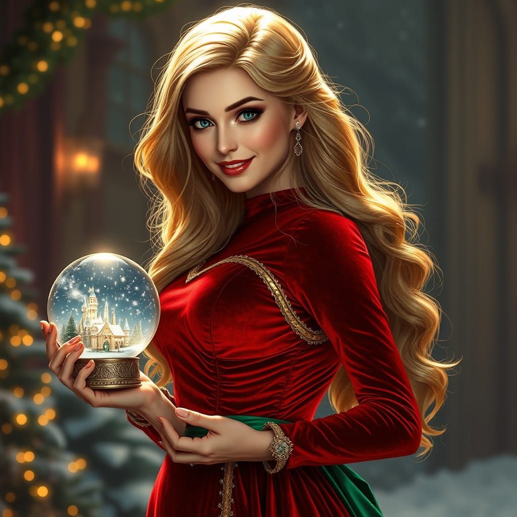 Ethereal Snow Globe Goddess in Crimson Velvet