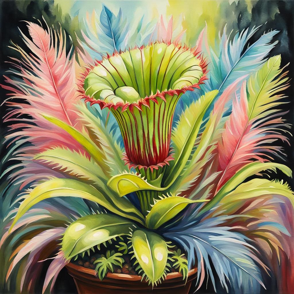 Venus Flytrap Surrounded by Pastel Feathers in Gouache Style