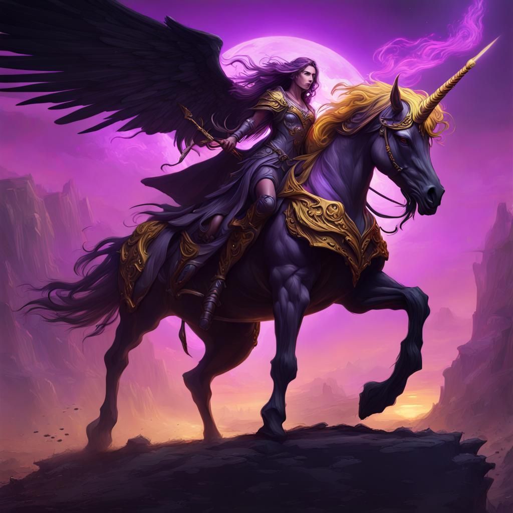 Death Angel Rides Dark Unicorn in Dark Fantasy Style