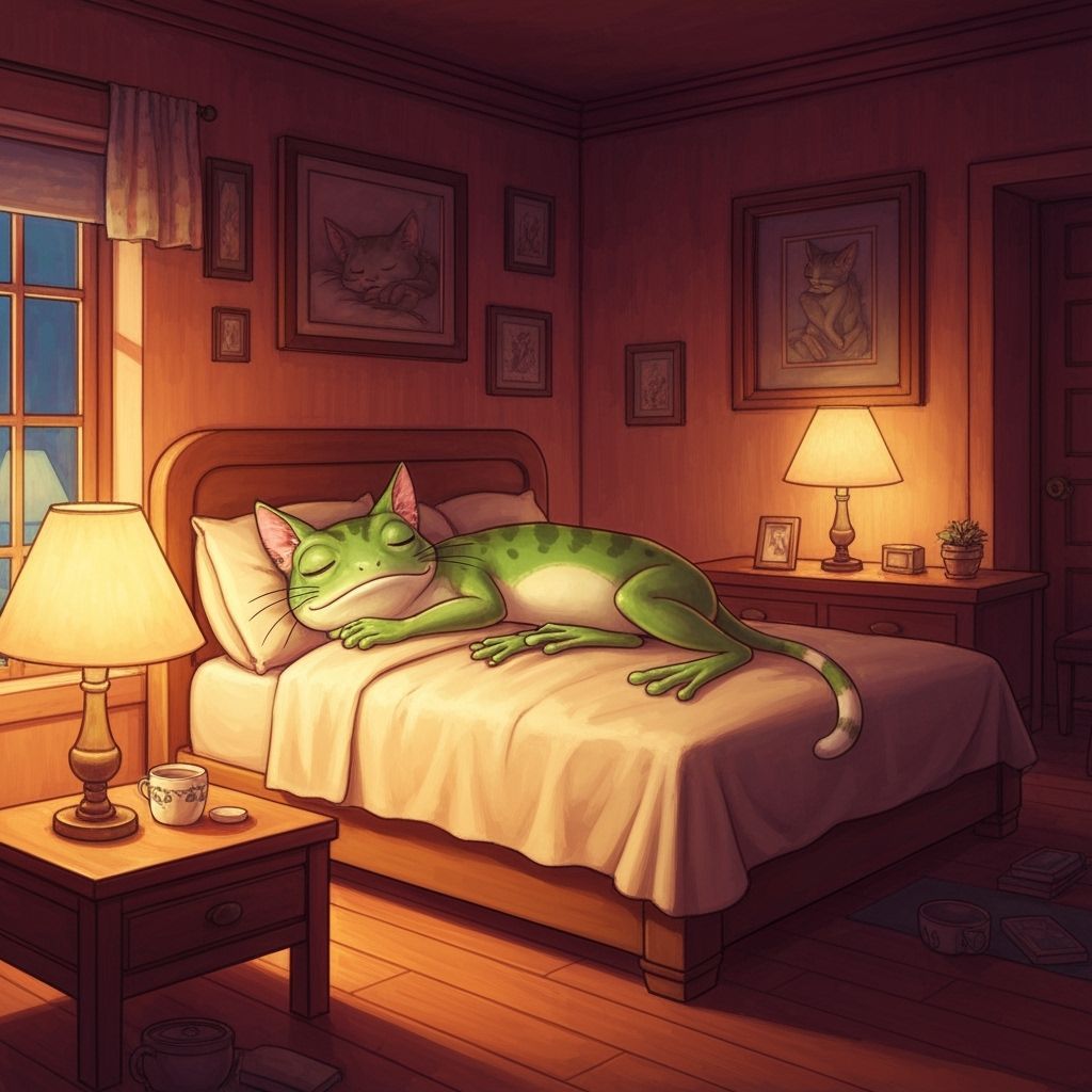 Whimsical Frogs with Kitten Features Sleeping in Cozy Bed
