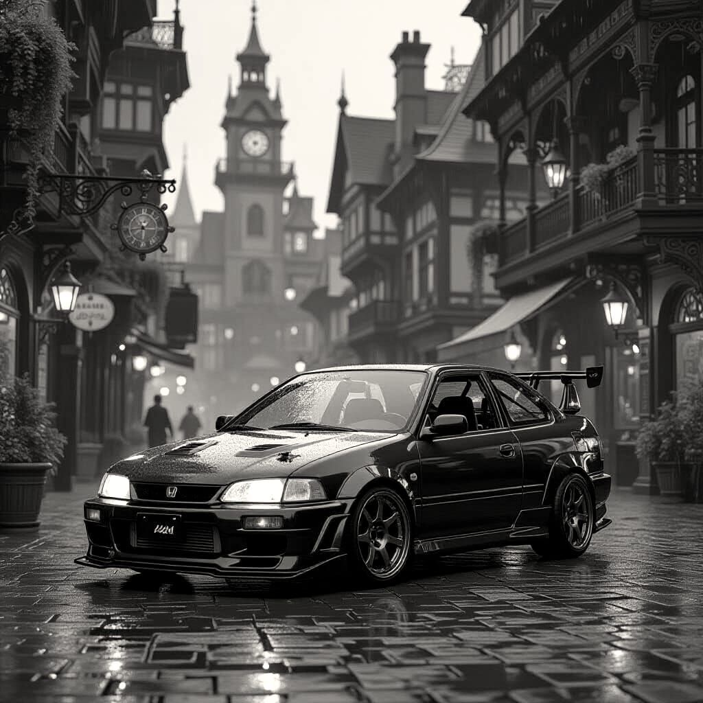 Steampunk Honda Civic in Abandoned Market Square