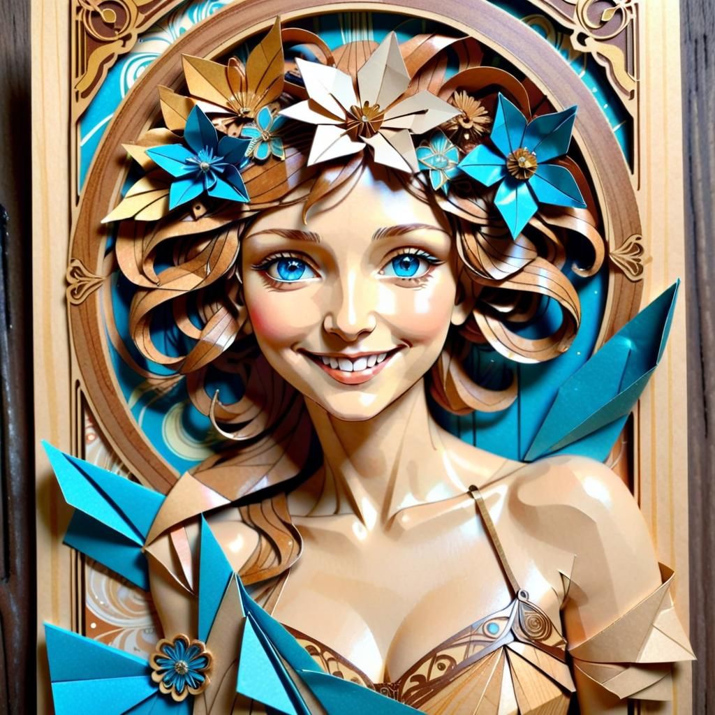Art Nouveau Origami Woman in Mucha Style