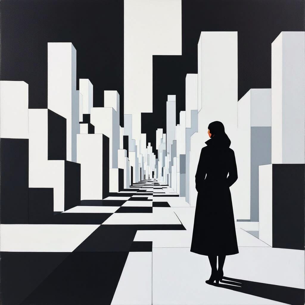 Abstract Cityscape: Woman in Minimalist Geometric Style