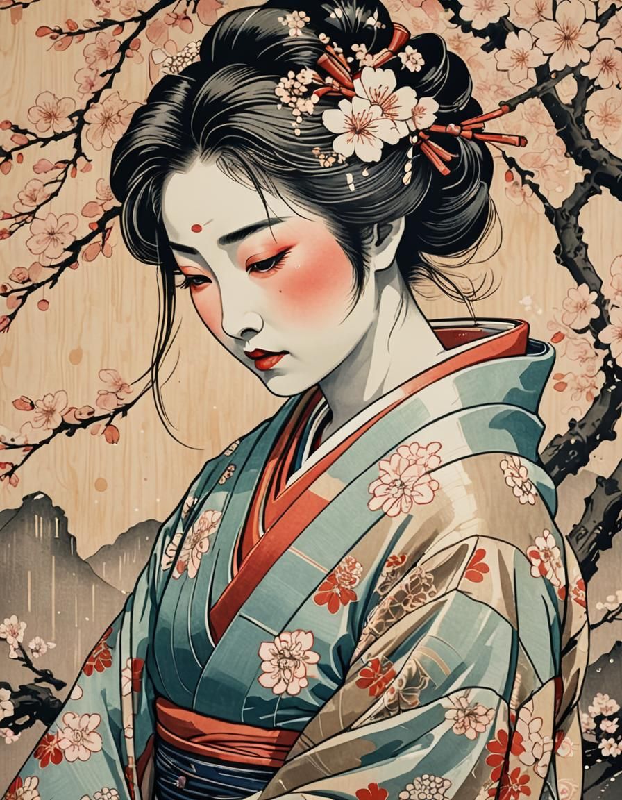 Crying Geisha in Ukiyo-e Style