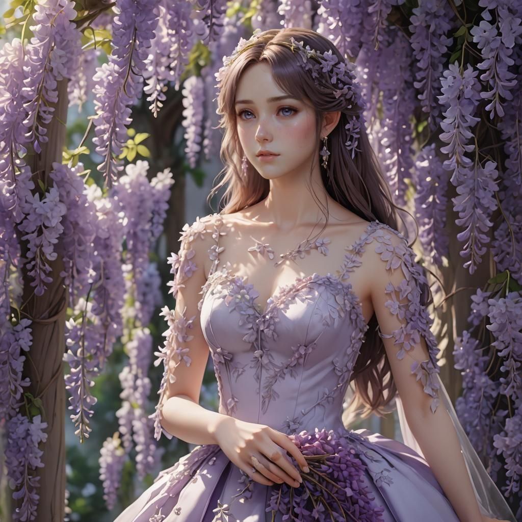 Wisteria Flower Wedding Dress in 3D Anime Style