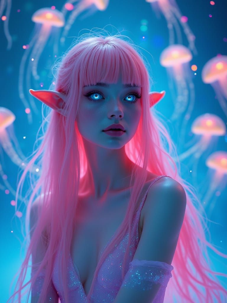 Neon Elf Portrait with Rainbow Jellyfish in Dreamlike Style