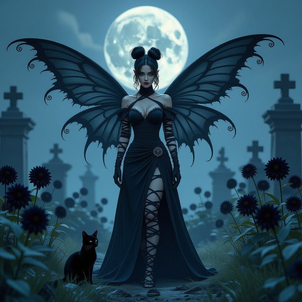Gothic Fairy in Cemetery, Tim Burton-esque Style