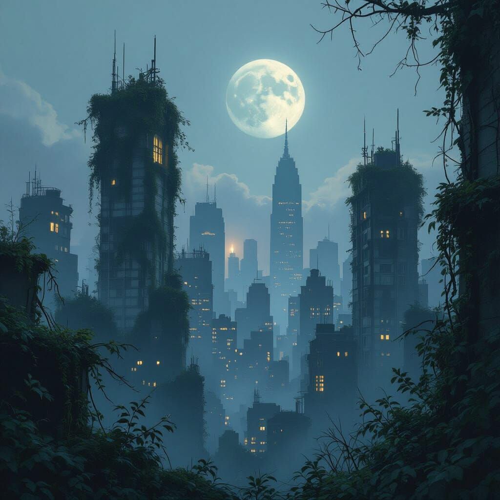 Overgrown City Skyline at Dusk with Mystical Moon