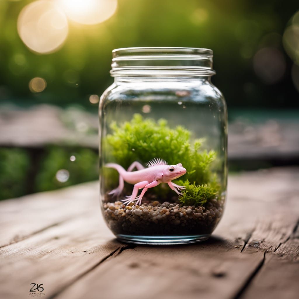 Majestic Axolotl in Glass Jar Amidst Whimsical Japanese Gard...