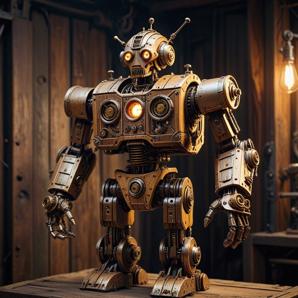 Steampunk Wooden Robot with Exposed Gears