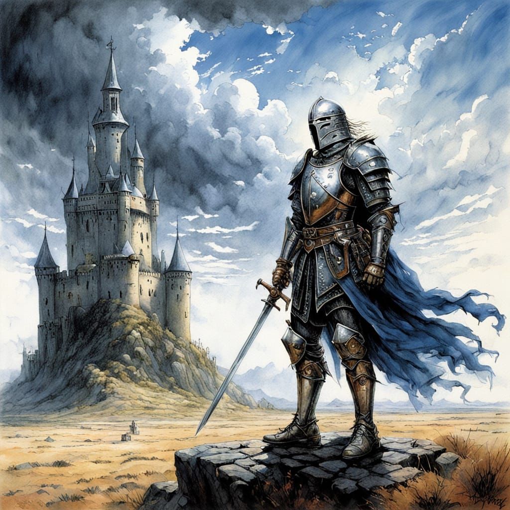 Solitary Knight on Windswept Plain Before Medieval City