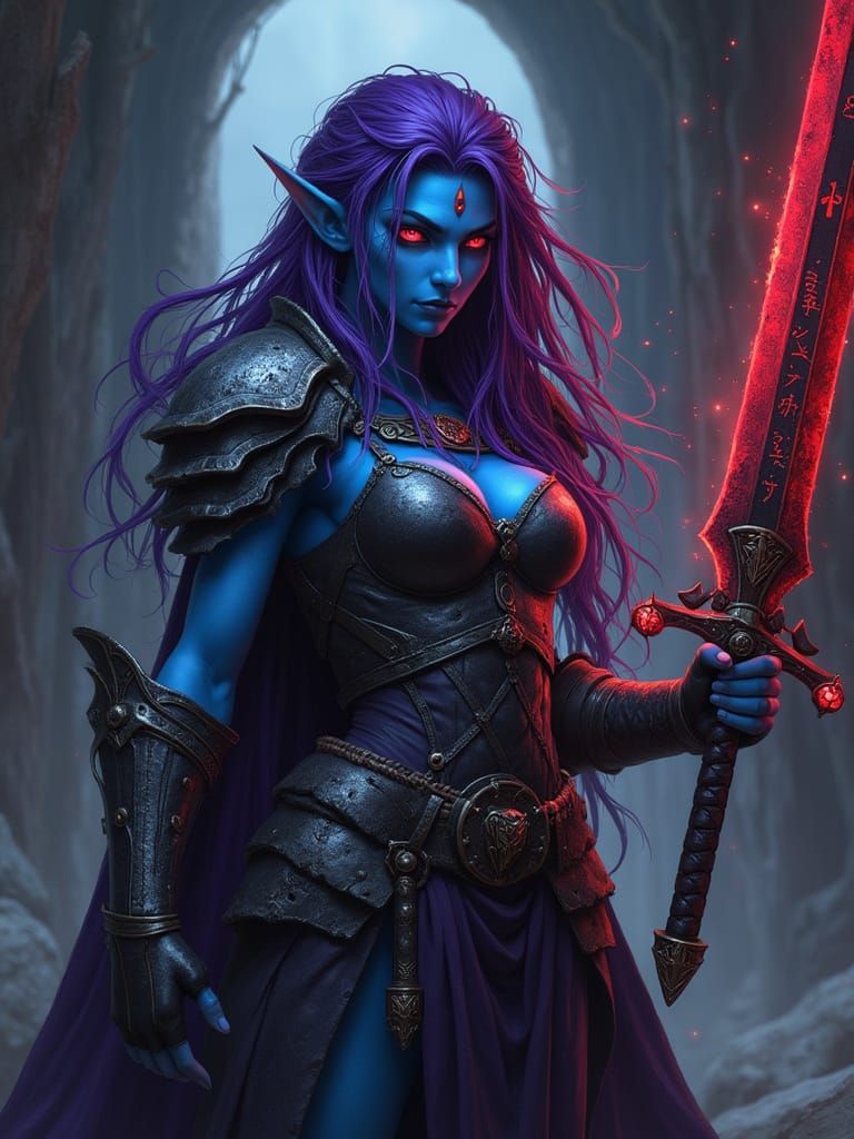 Cursed Elf Warrior with Glowing Runes in Anime Style