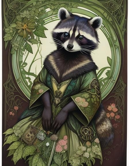 Art Nouveau Raccoon Watercolor Illustration