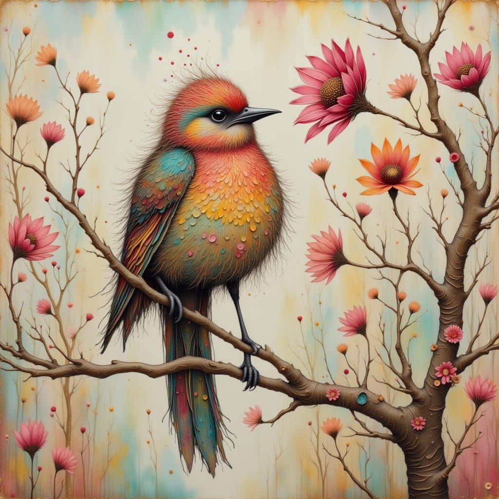 Whimsical Bird on Blooming Branch in Ethereal Style