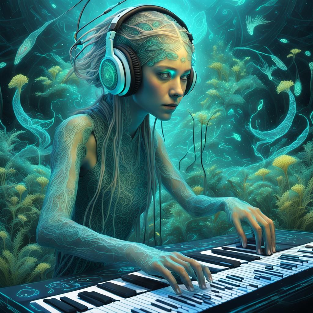 Cybernetic DJ in Bioluminescent Glade