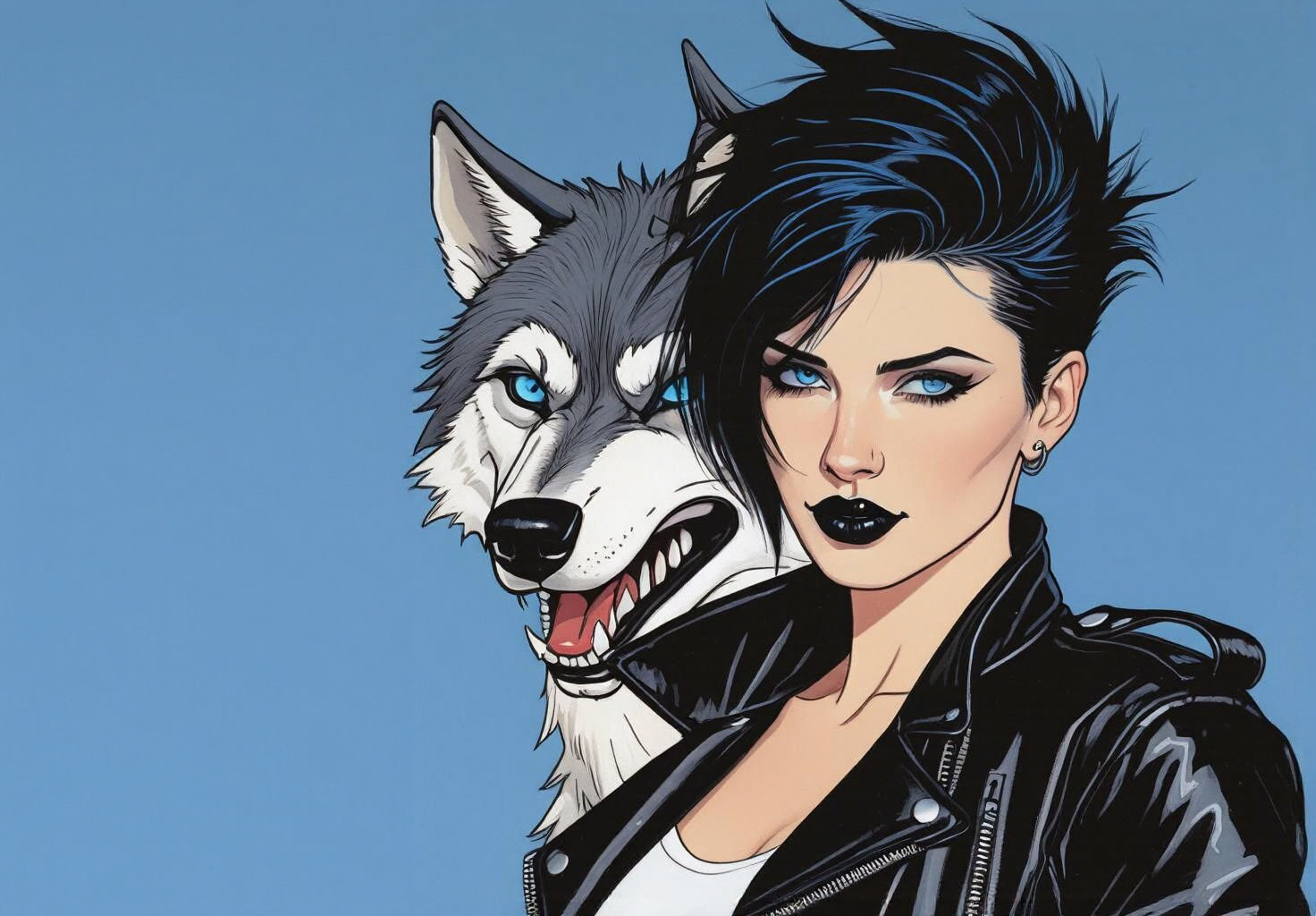 Punk Rock Selfie with Wolf in Nagel Style