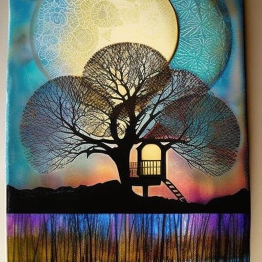 Glowing Dusk Treehouse in Mixed Media Style