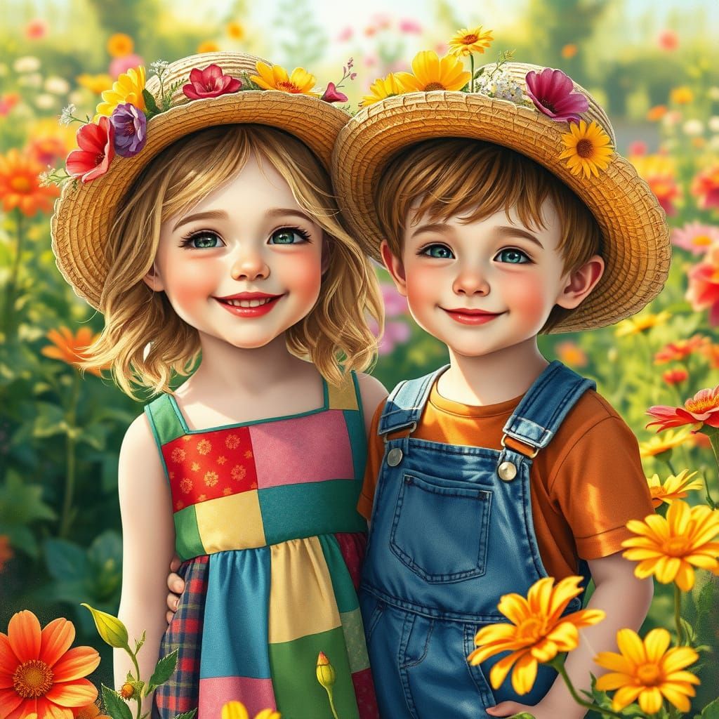 Whimsical Garden Scene with Joyful Children in Traditional S...