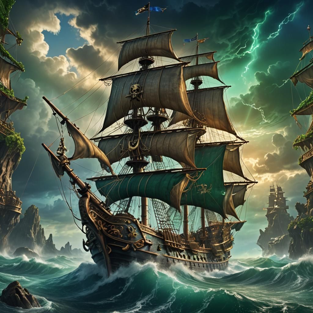 Majestic Pirate Ship Navigating Treacherous Waters