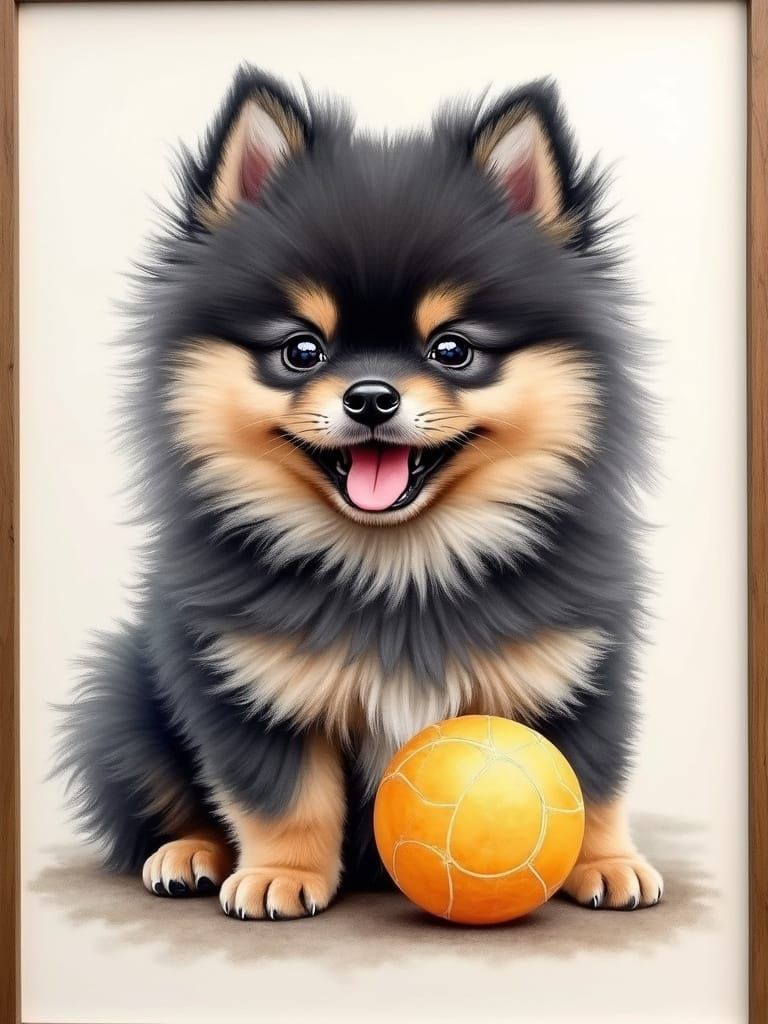 Adorable Pomeranian Puppy Portrait in Watercolor Style