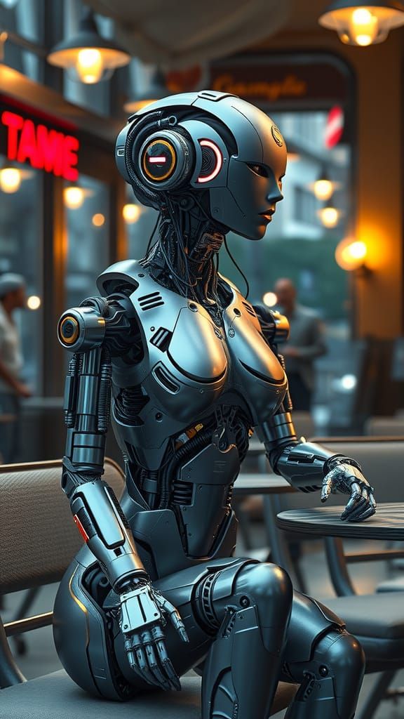 Detailed Female Robot at Cafe in Digital Graphics