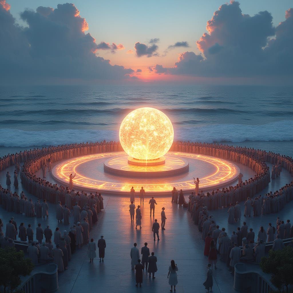 Glowing Sphere on Marble Plaza by Ocean at Dusk