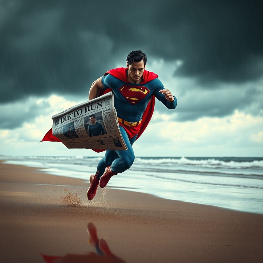 Muscular Hero Runs on Stormy Beach in Hyperrealistic Style