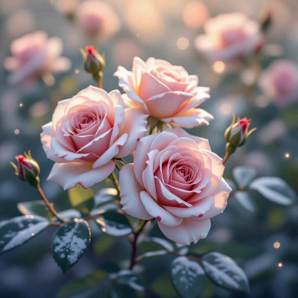 Snow-Covered Roses With Sparkling Bokeh