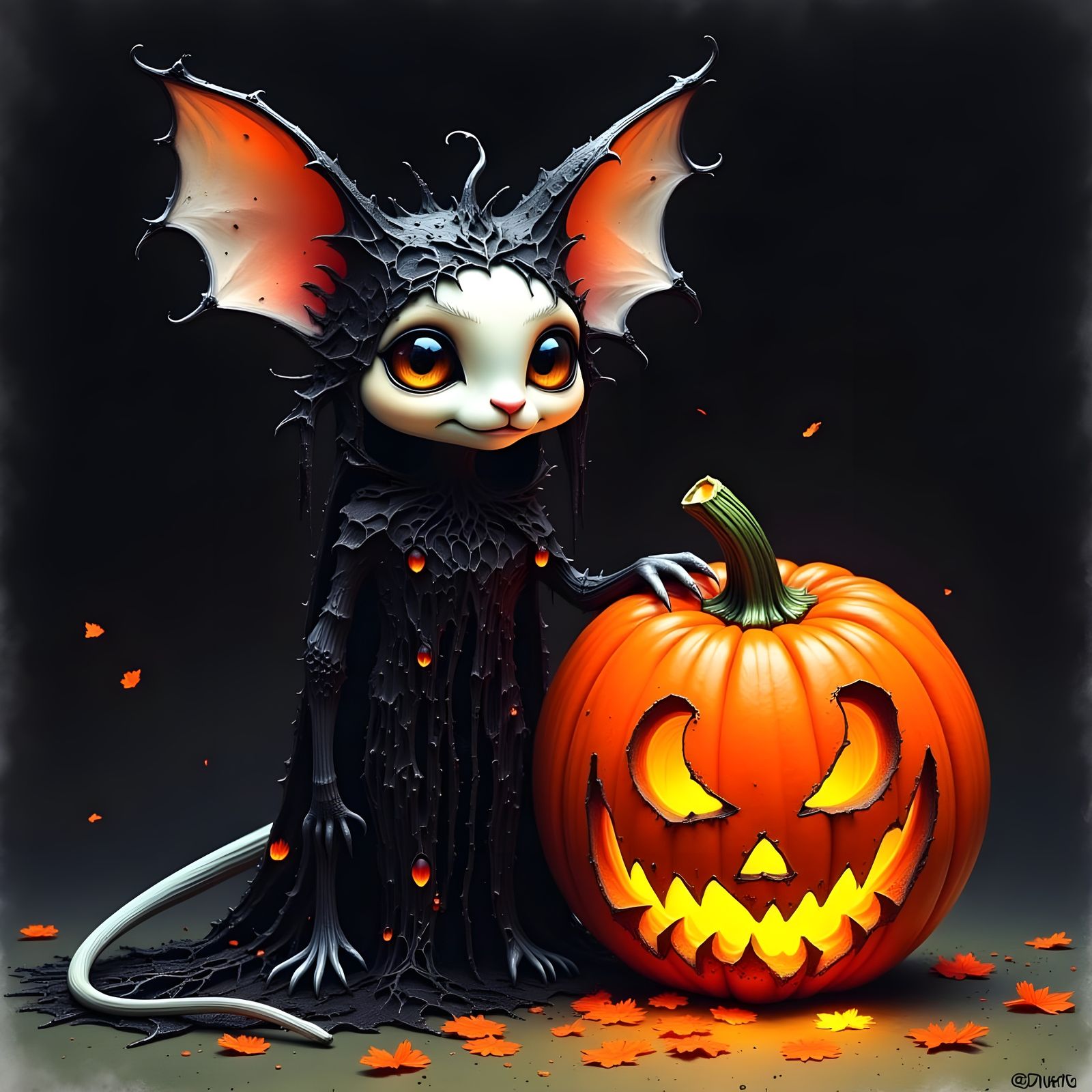Whimsical Gothic Creature beside a Glowing Pumpkin