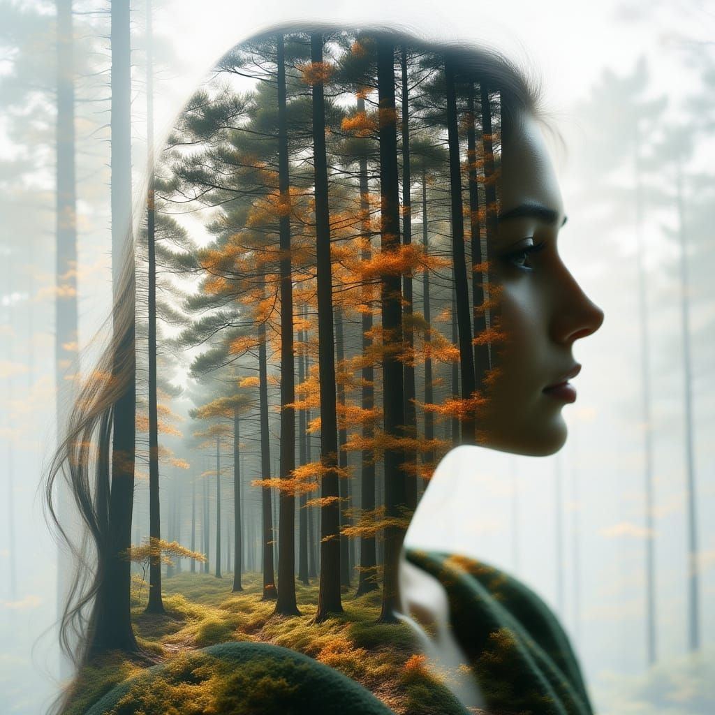 Ethereal Goddess Emerging from Forest in Double Exposure