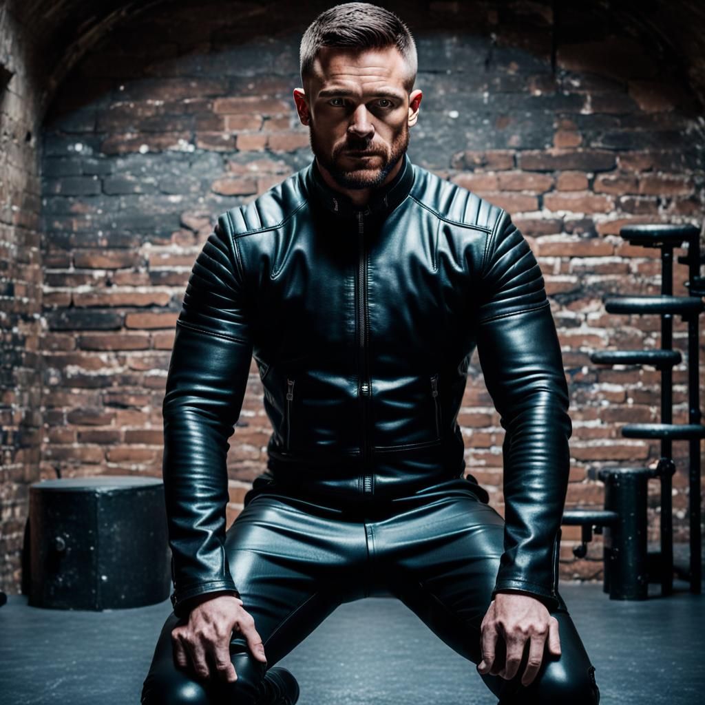 Muscular Man in Bikersuit in Leather Dungeon
