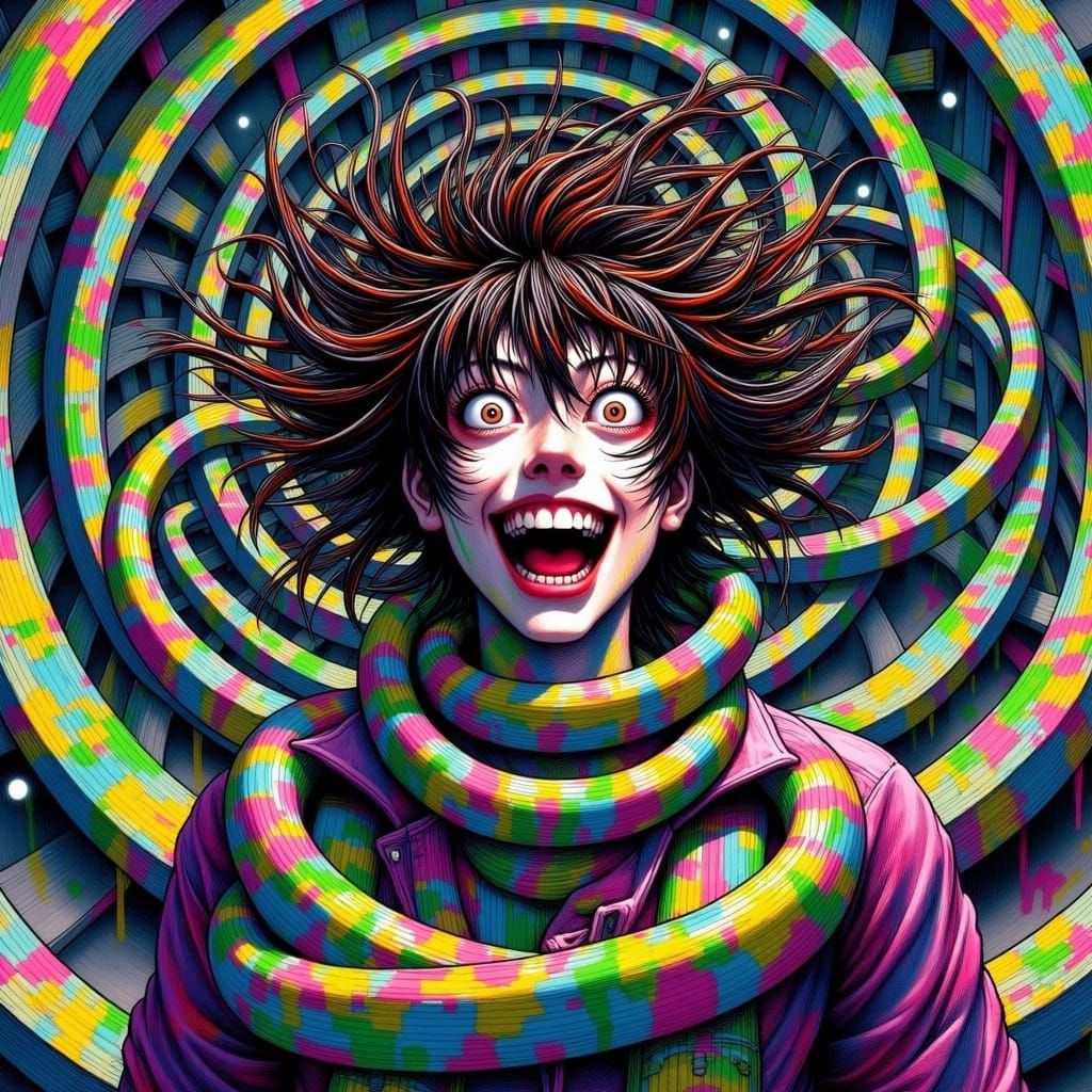 <lora:-Junji-:1.0>spirals and stars, Nightcore, psytrance wo...