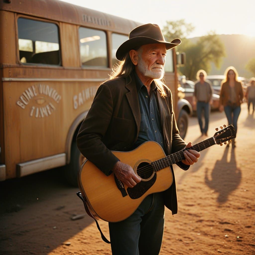 Willie Nelson Steps Off Tour Bus into Golden Hour