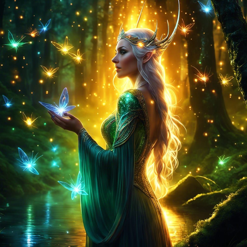 Enchanting Elf in a Glittering Forest Night
