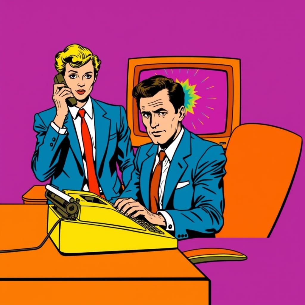 Man in 1960s Retro Office Scene with Vibrant Colors and Bold...