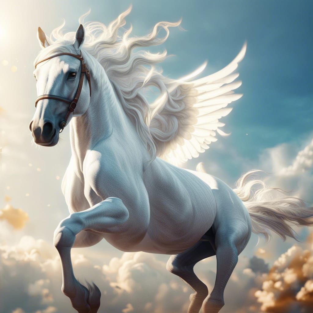 Winged White Horse Flies in Sunny Sky